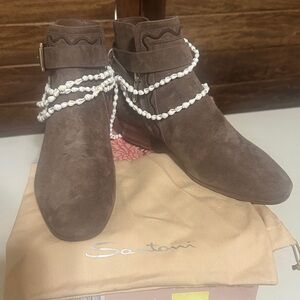 Taupe Suede Ankle Boots with Pearl Accents